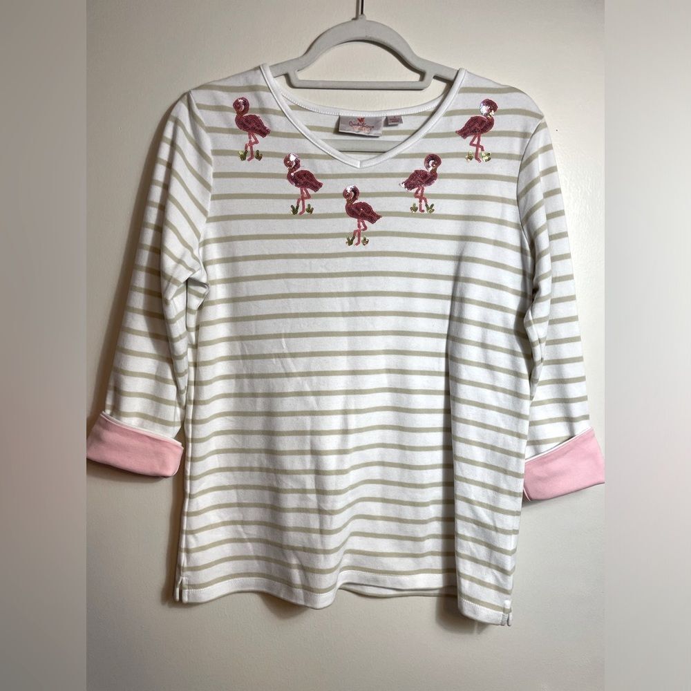 Khaki Striped Flamingo Jazzy Coastal Grandma 3/4 sleeve Top from Quacker Factory